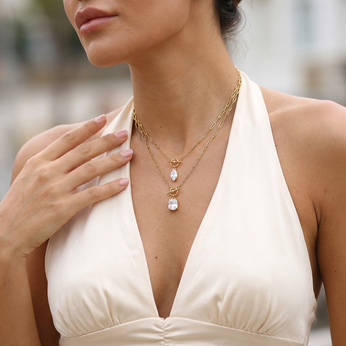 Dainty CZ Teardrop Toggle Necklace