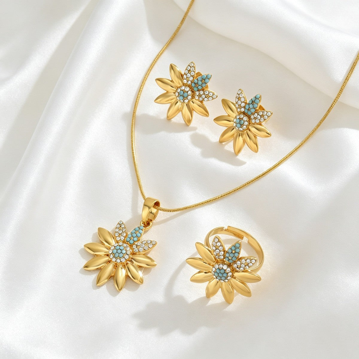 Elegant Floral Necklace, Earring & Ring Set
