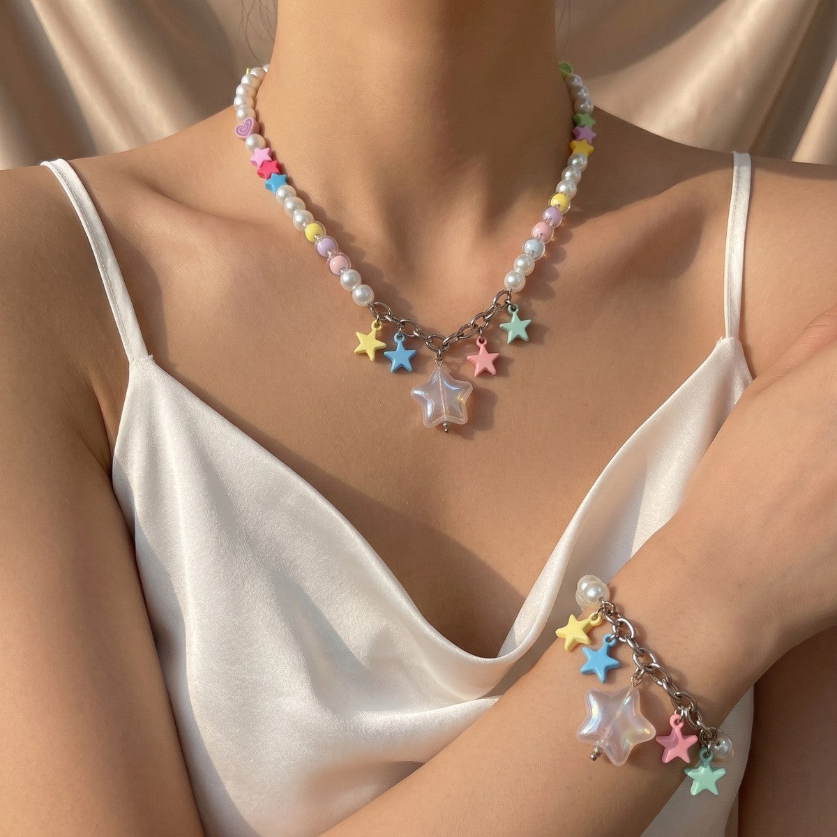 Dainty Pastel Star Pearl Necklace, Bracelet Set