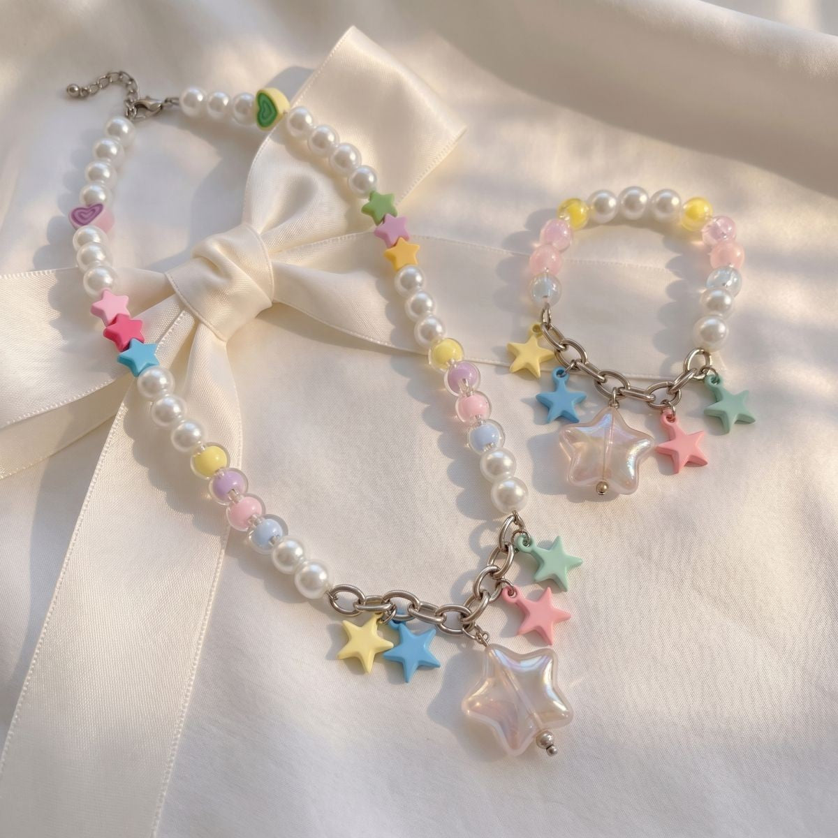 Dainty Pastel Star Pearl Necklace, Bracelet Set