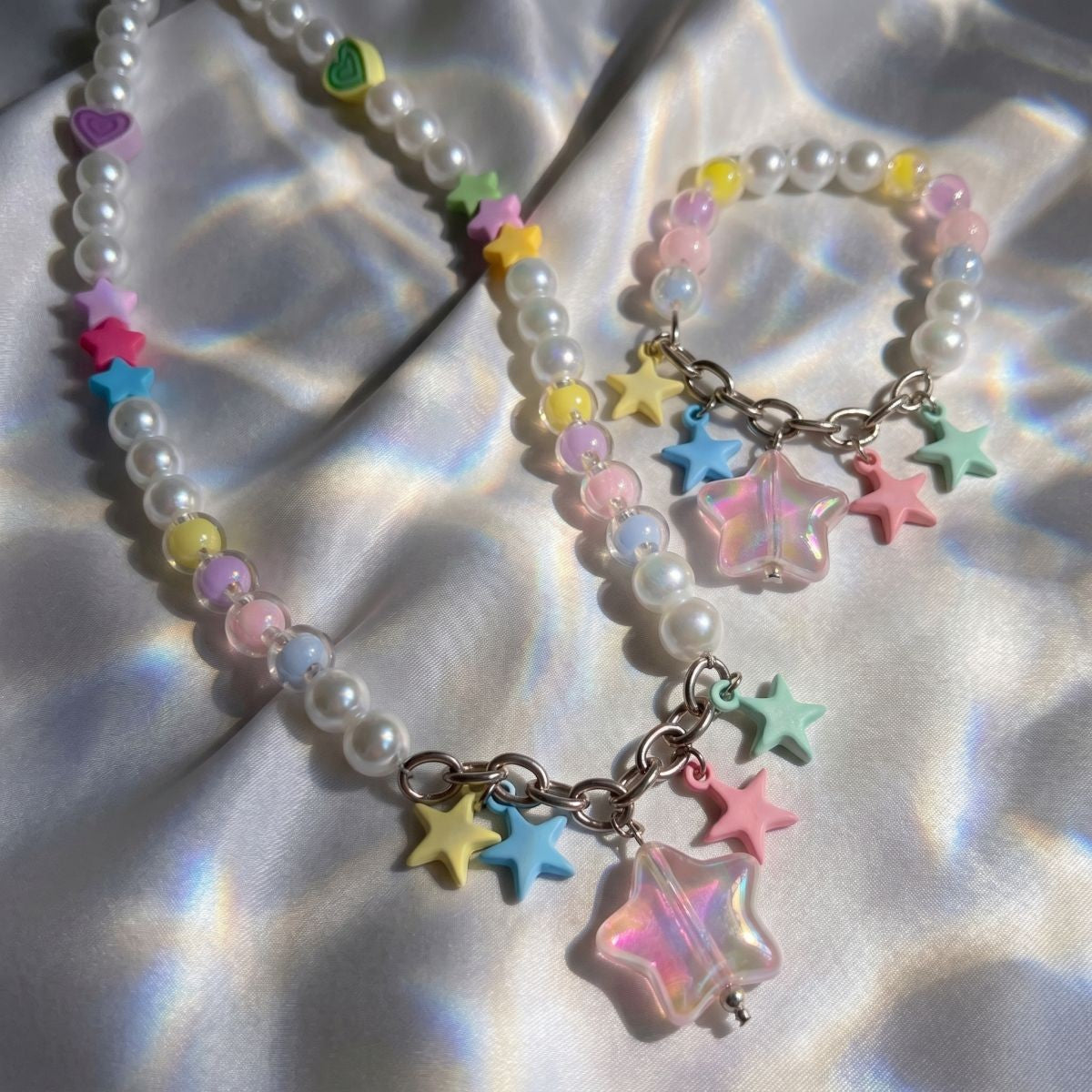 Dainty Pastel Star Pearl Necklace, Bracelet Set