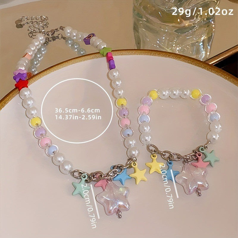 Dainty Pastel Star Pearl Necklace, Bracelet Set