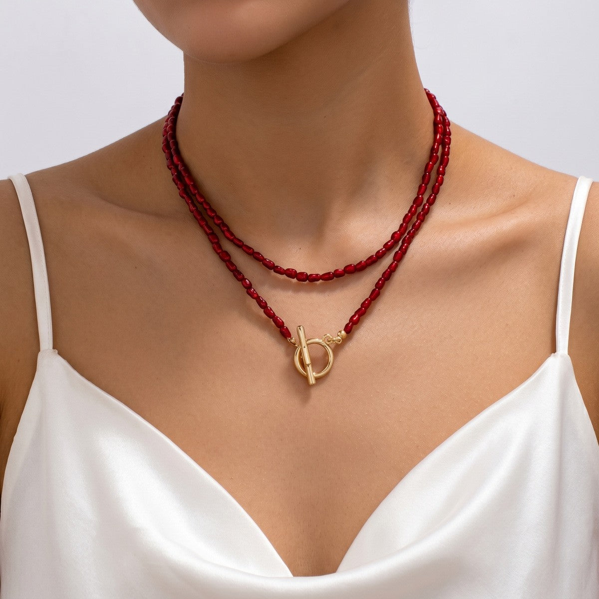 Romantic Red Beaded OT Toggle Necklace