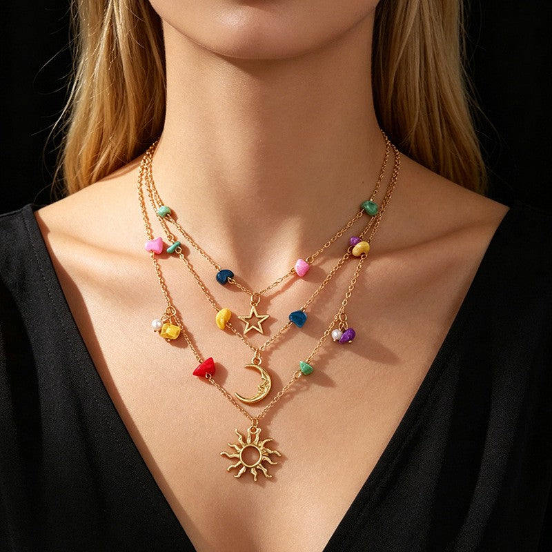 Boho Colorful Stone Sun Moon Star Layered Necklace