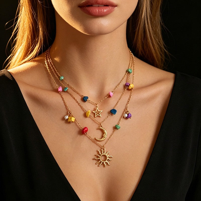 Boho Colorful Stone Sun Moon Star Layered Necklace