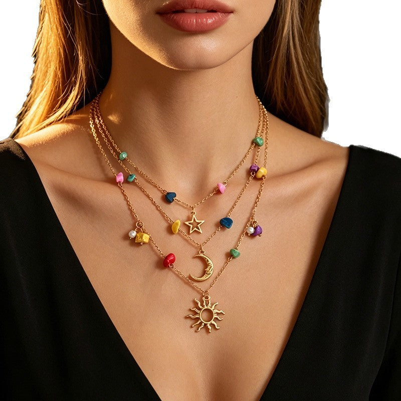 Boho Colorful Stone Sun Moon Star Layered Necklace