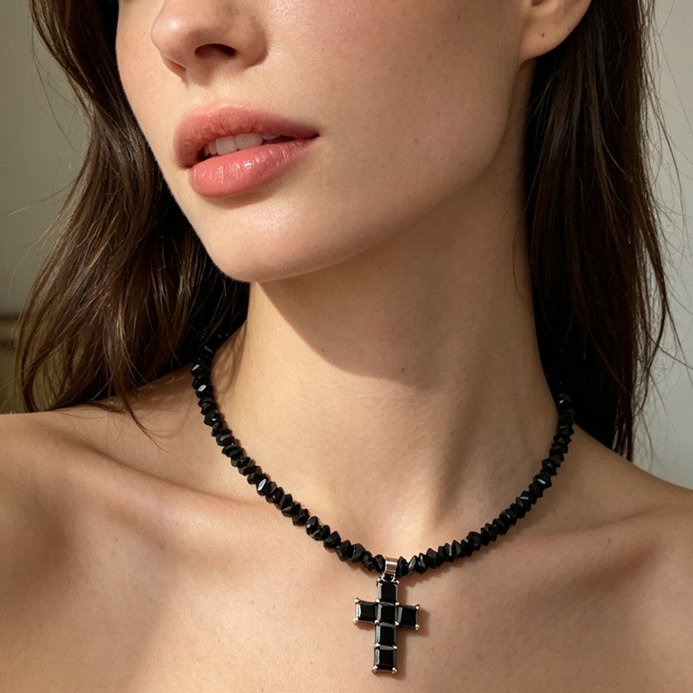 Classy Black Crystal Cross Necklace