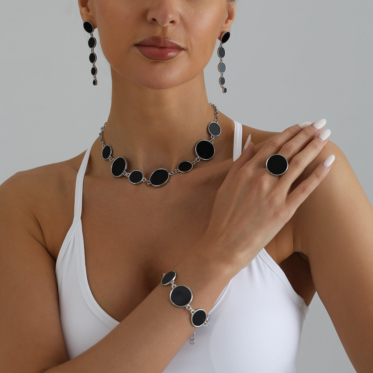 Classy Black Geometric Disc Necklace, Bracelet & Earring Set
