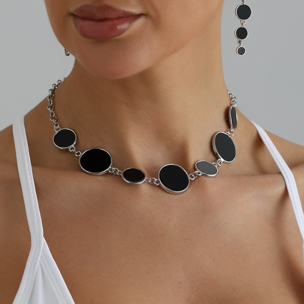 Classy Black Geometric Disc Necklace, Bracelet & Earring Set