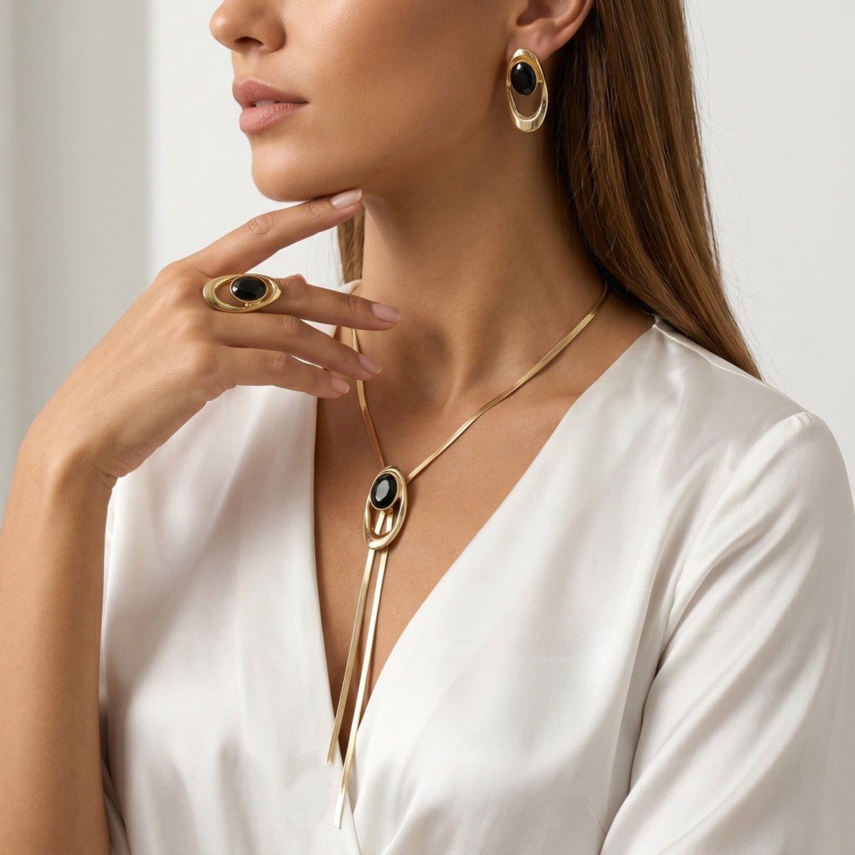 Classy Black Oval Tassel Necklace & Earring Set