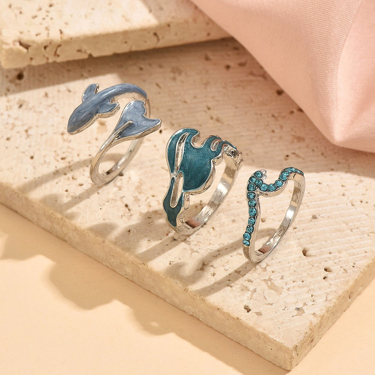Dainty Ocean Wave & Dolphin Ring Set