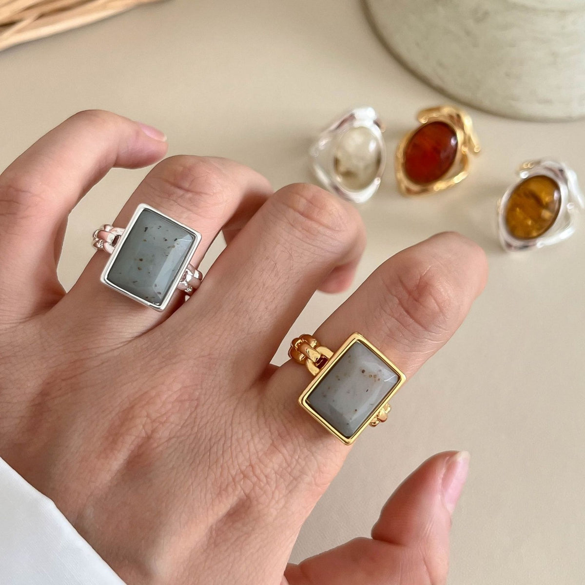 Vintage Natural Stone Adjustable Open Ring