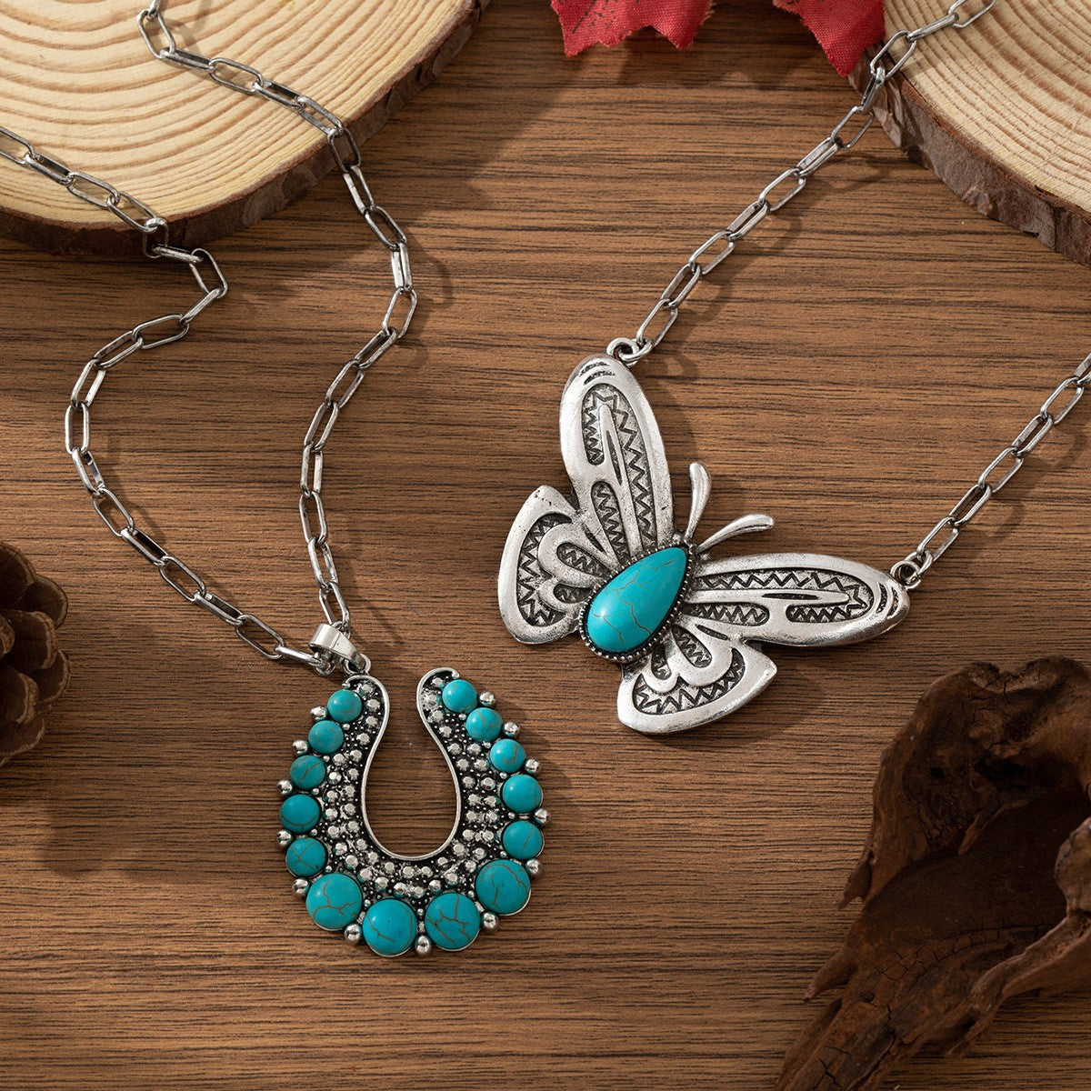 Boho Vintage Turquoise Butterfly & Horseshoe Necklace Set