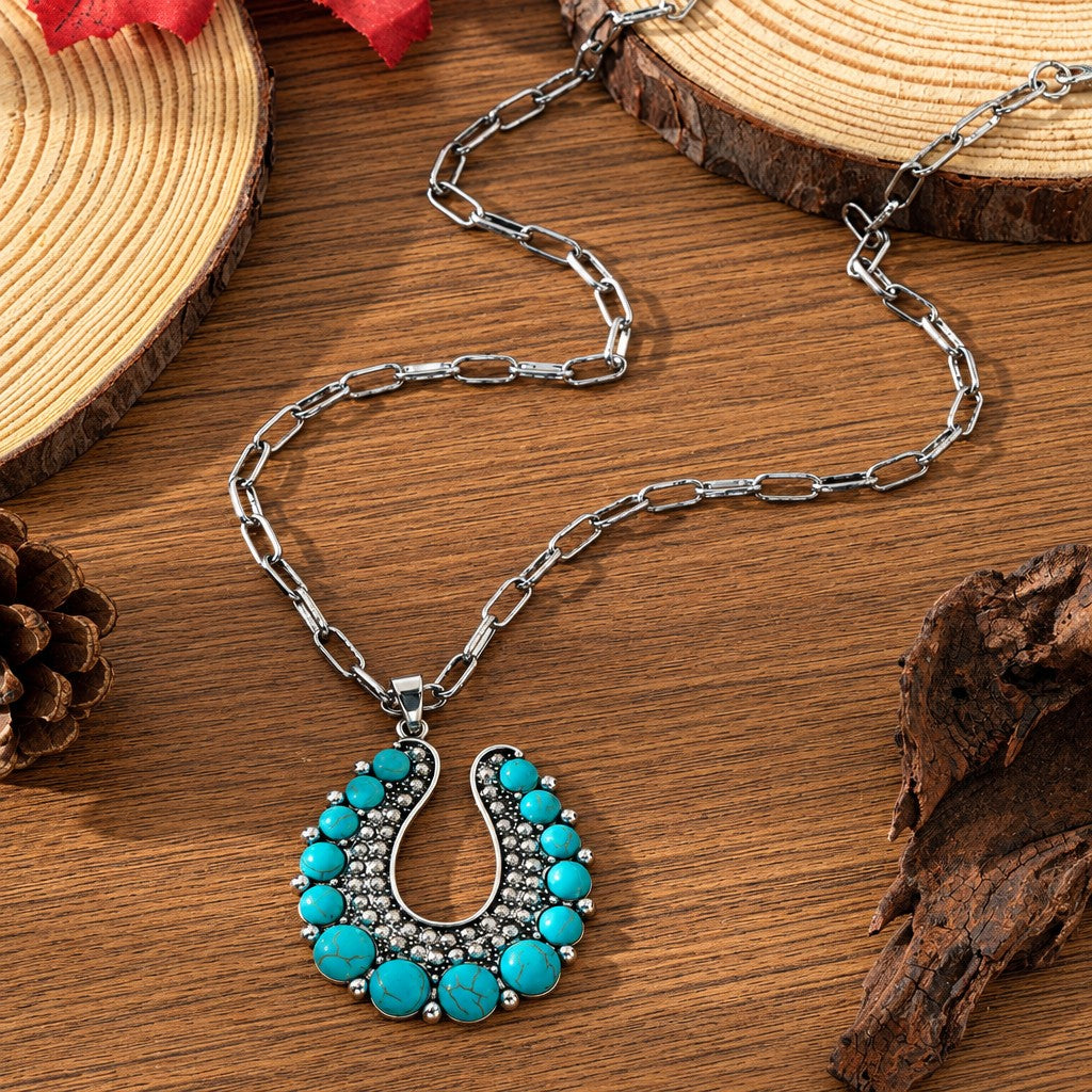 Boho Vintage Turquoise Butterfly & Horseshoe Necklace Set