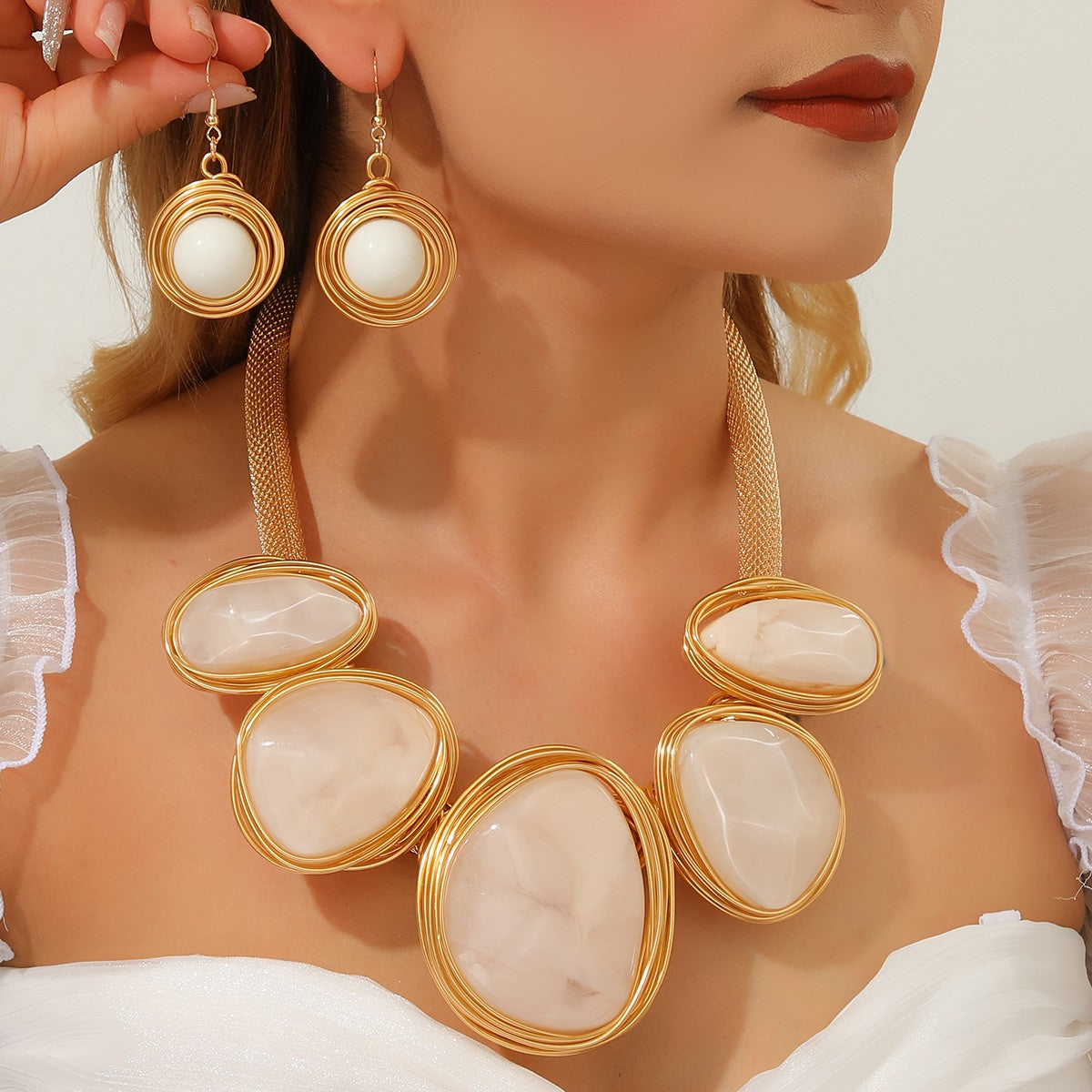 Elegant Marbled Stone Necklace & Earring Set