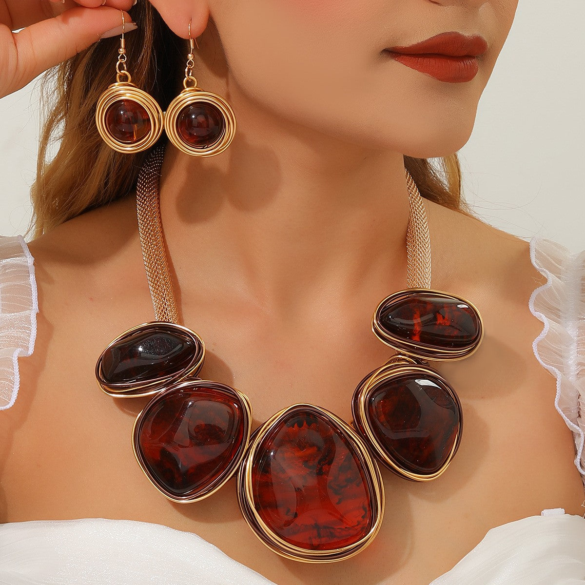 Elegant Marbled Stone Necklace & Earring Set