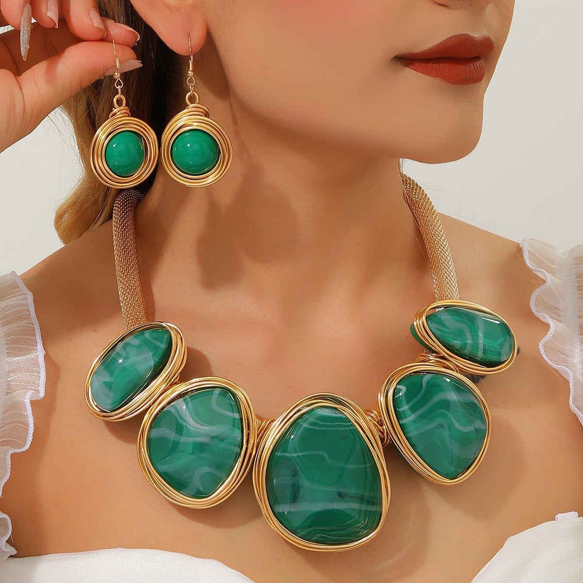 Elegant Marbled Stone Necklace & Earring Set