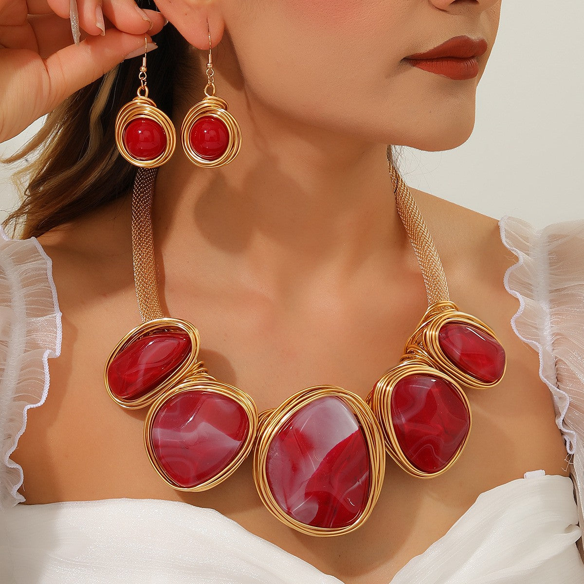 Elegant Marbled Stone Necklace & Earring Set