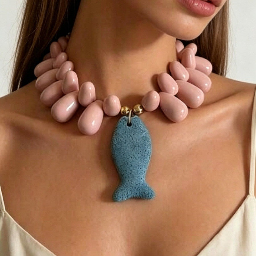 Romantic Pink Bead Lava Fish Necklace