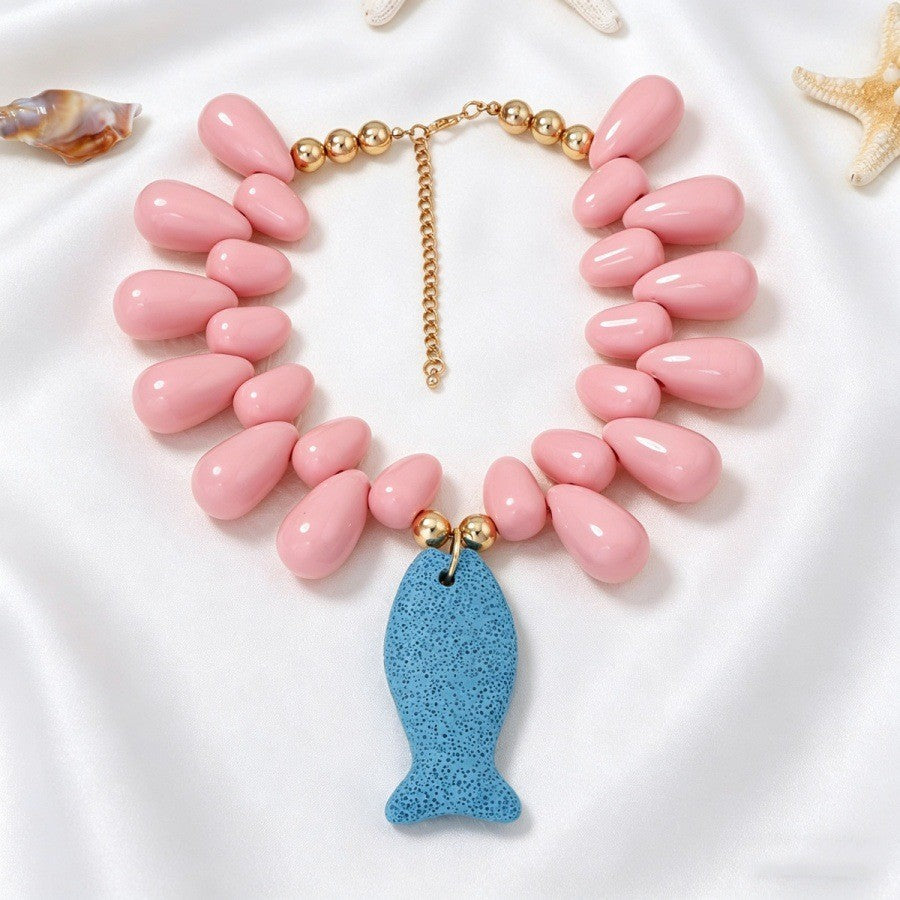 Romantic Pink Bead Lava Fish Necklace