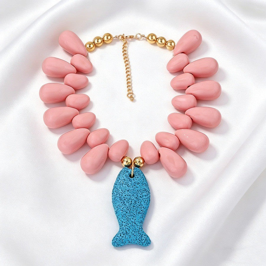 Romantic Pink Bead Lava Fish Necklace