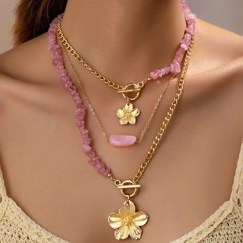 Romantic Pink Stone Flower Necklace