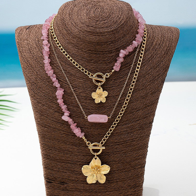 Romantic Pink Stone Flower Necklace