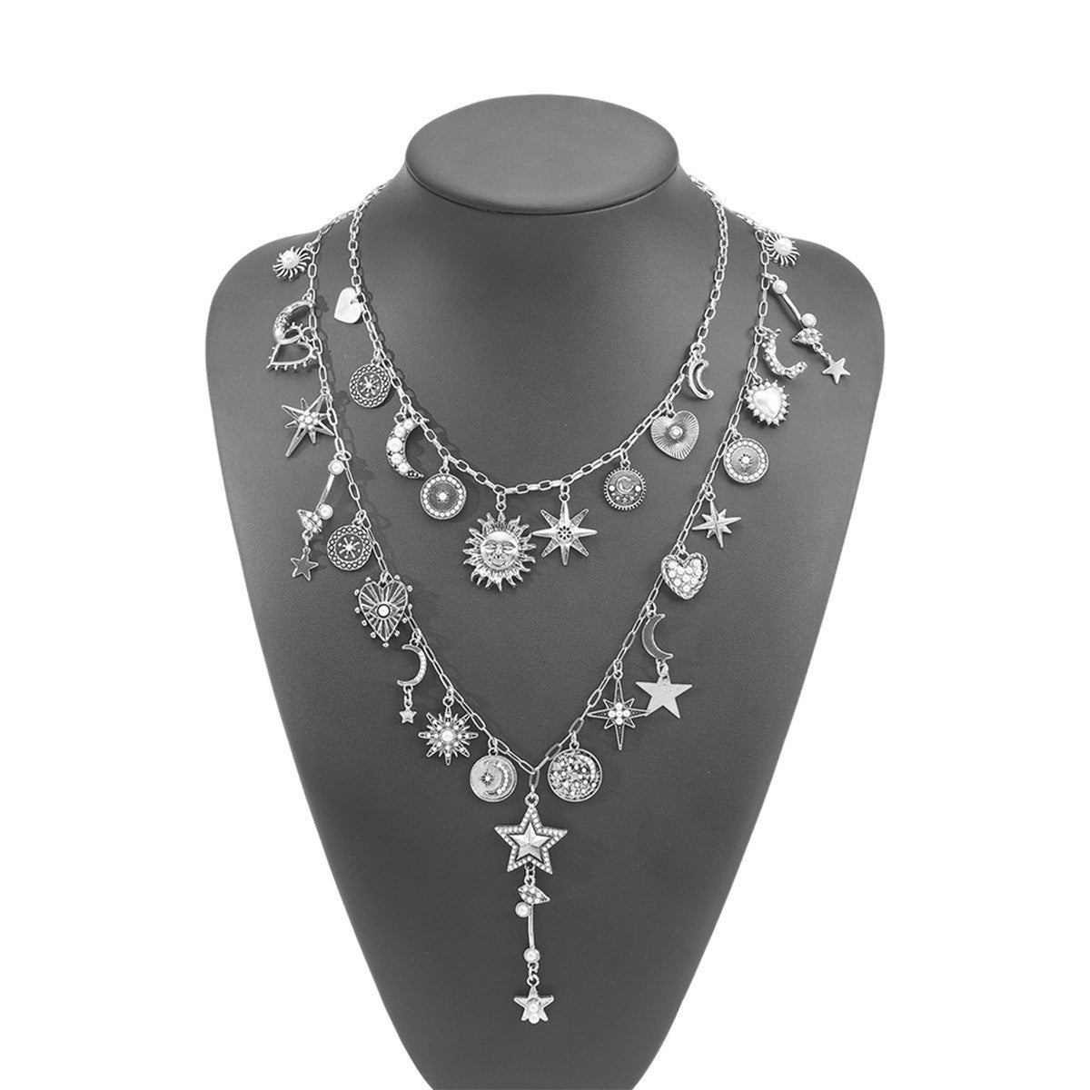 Boho Vintage Sun Moon Star Layered Necklace