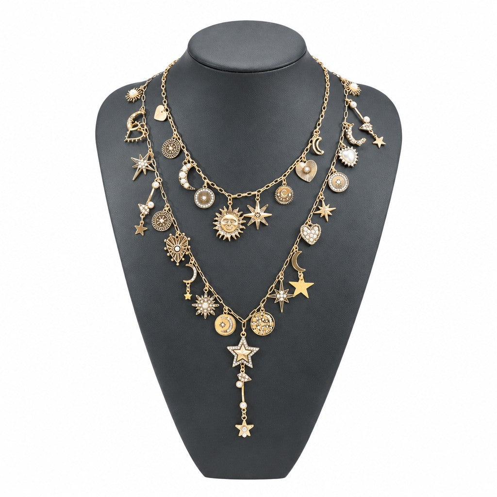 Boho Vintage Sun Moon Star Layered Necklace