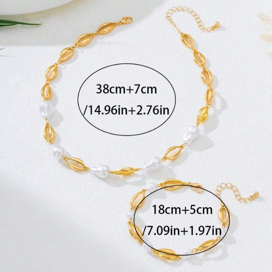 Elegant Faux Pearl Link Necklace and Bracelet Set