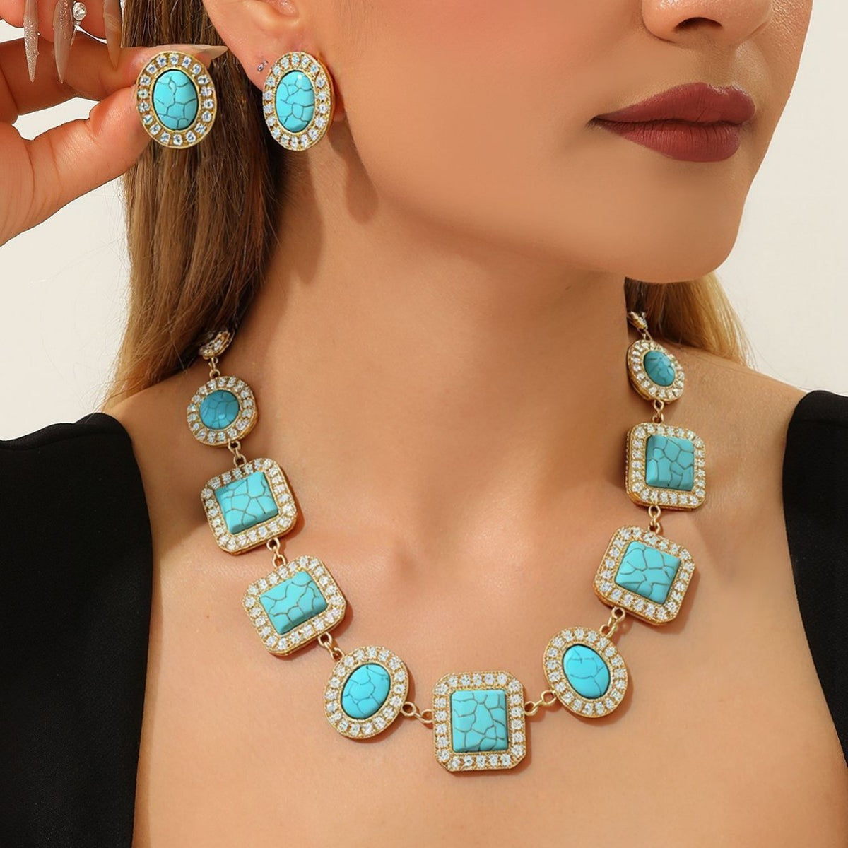 Vintage Turquoise Geometric Necklace and Earring Set
