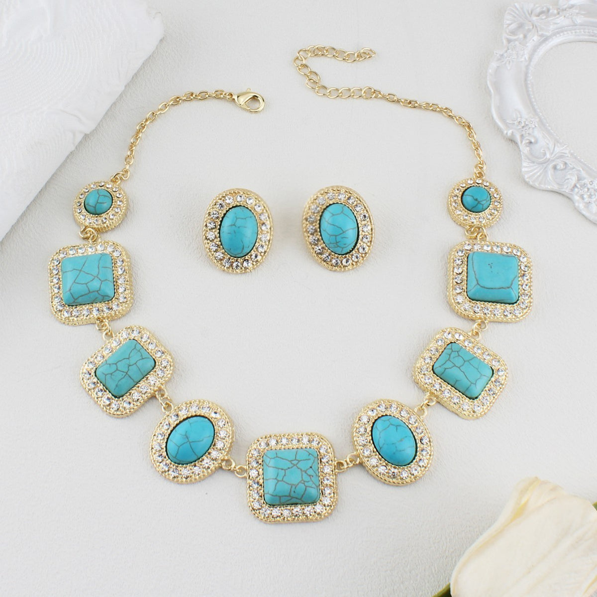 Vintage Turquoise Geometric Necklace and Earring Set