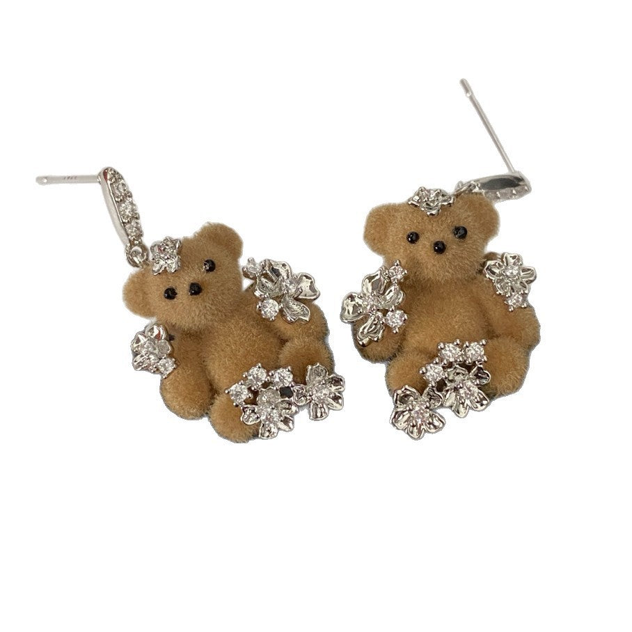 Romantic Flocked Bear Flower Stud Earrings