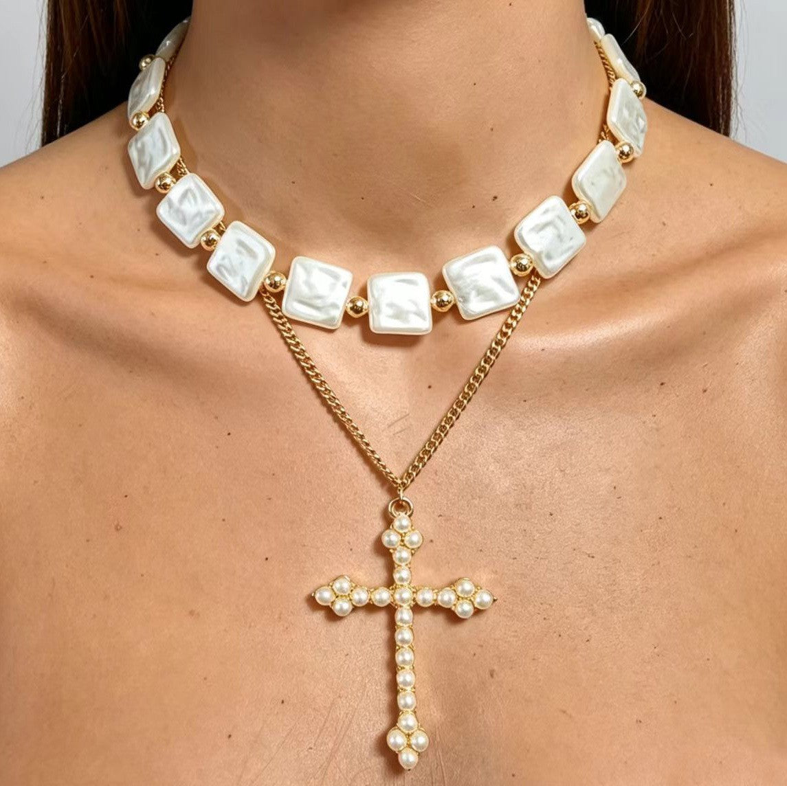 Classy Square Pearl Cross Necklace