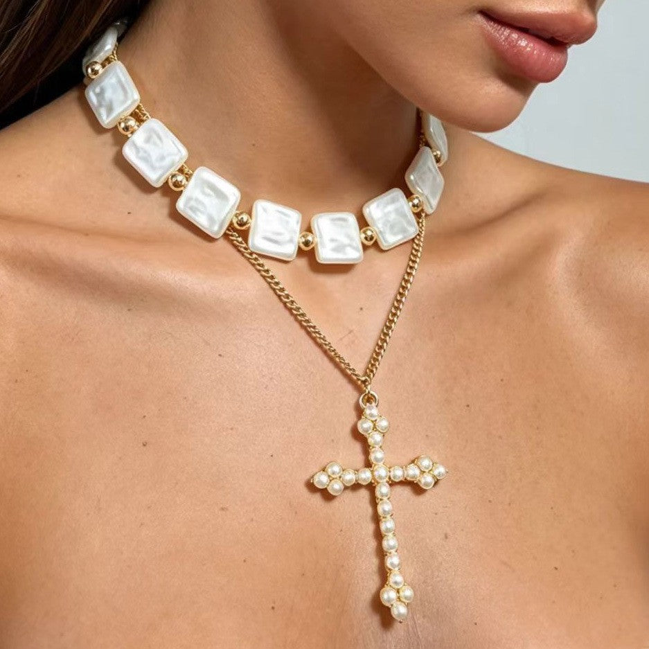 Classy Square Pearl Cross Necklace