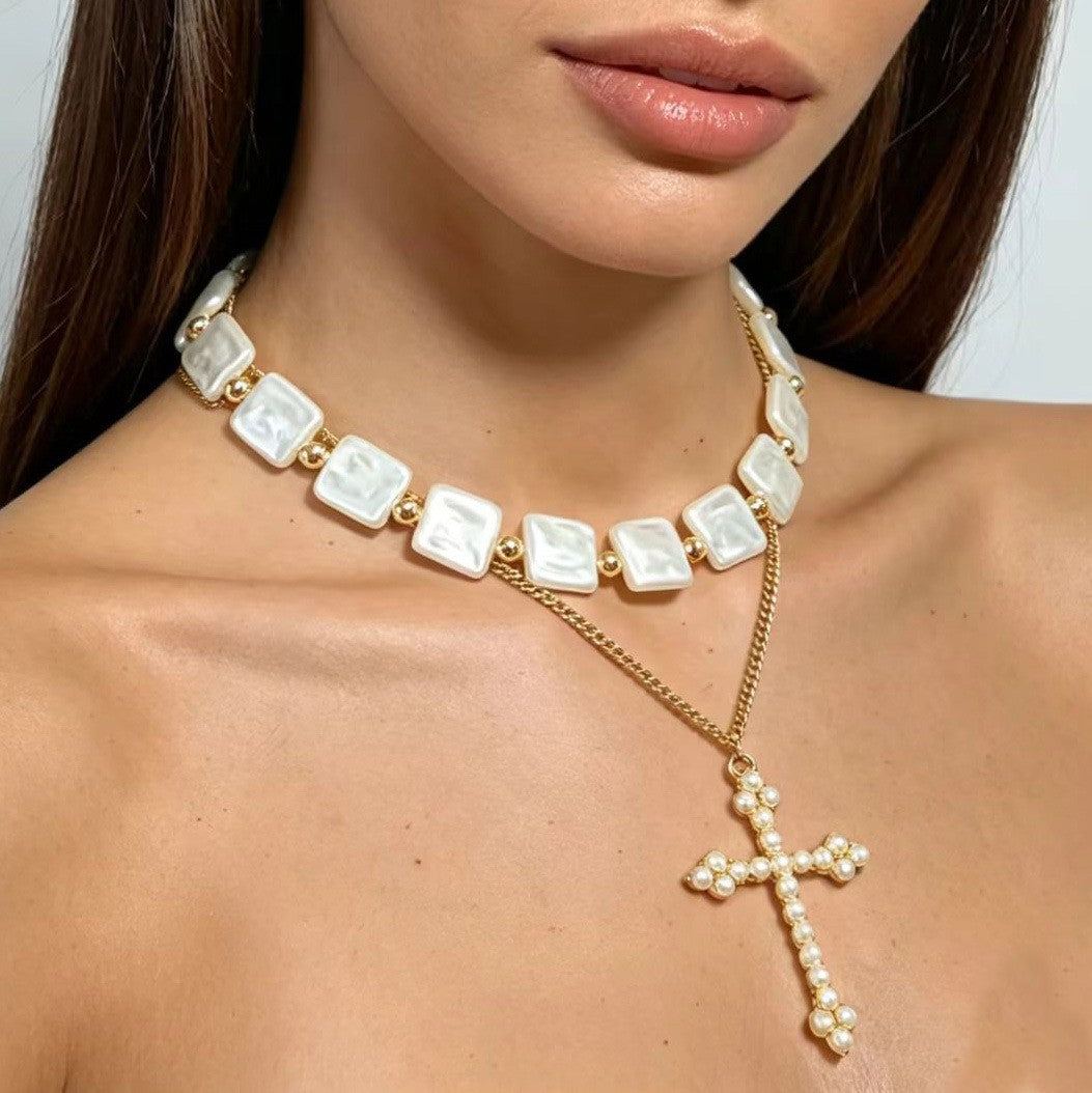 Classy Square Pearl Cross Necklace