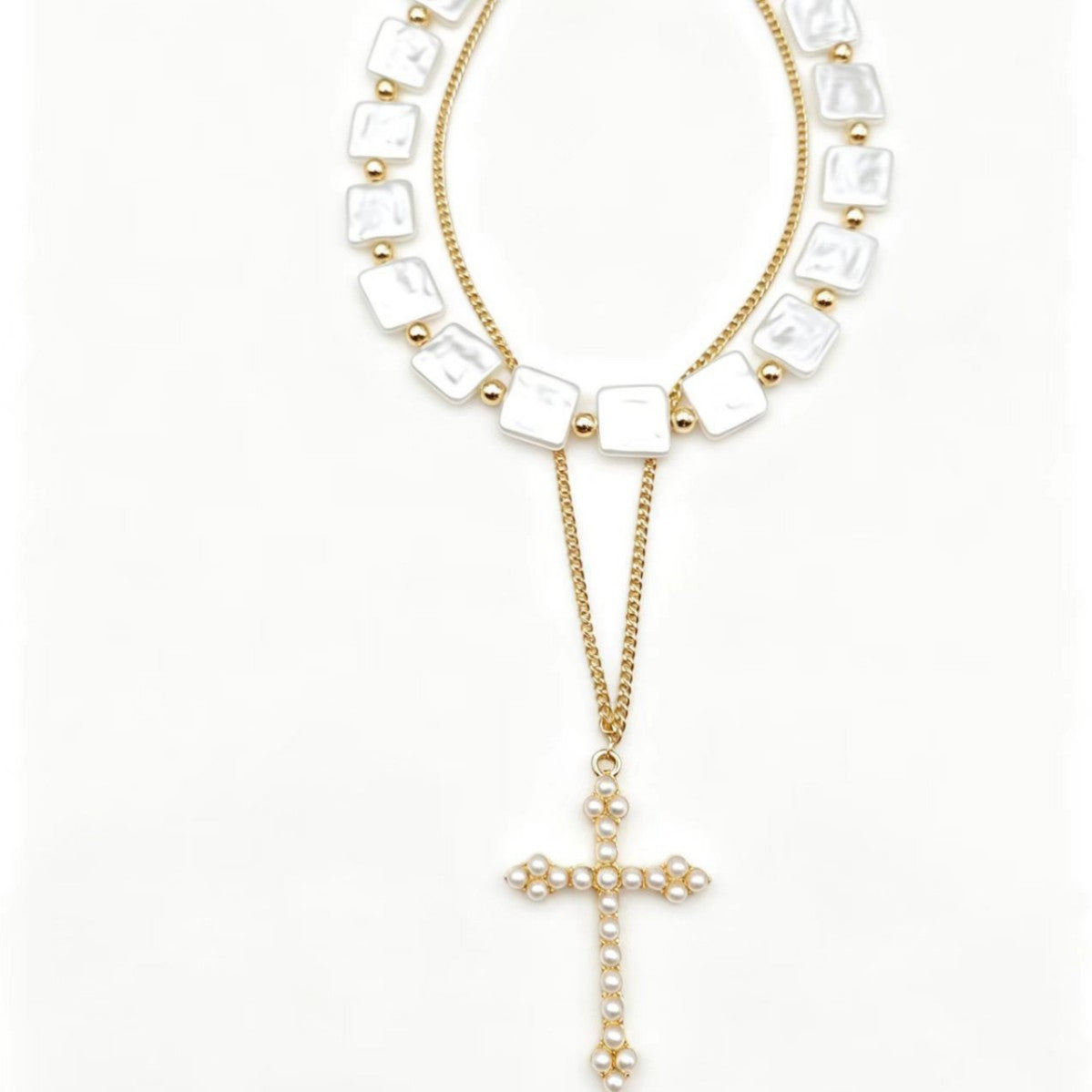 Classy Square Pearl Cross Necklace