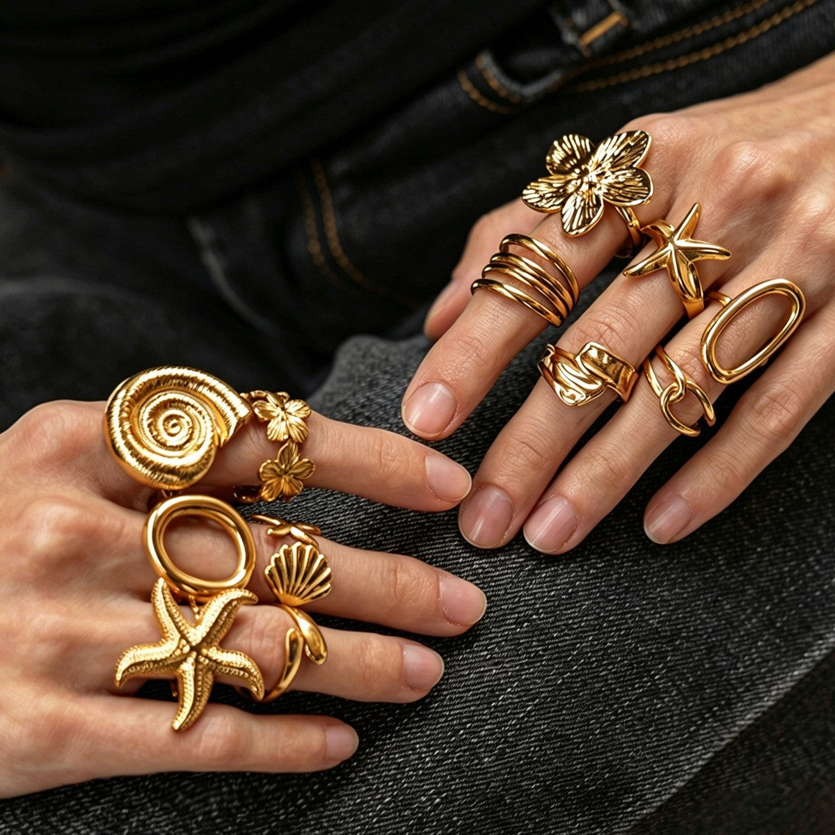 Boho Coastal Shell Starfish Ring Set