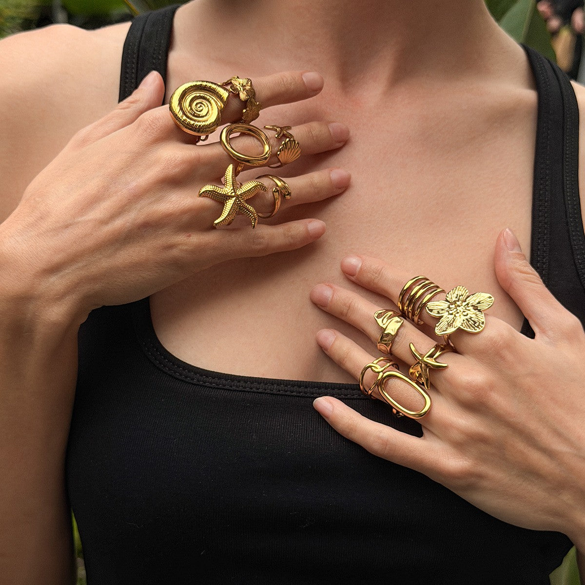 Boho Coastal Shell Starfish Ring Set