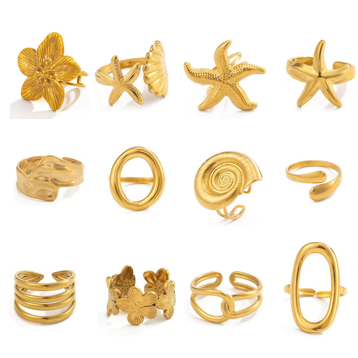 Boho Coastal Shell Starfish Ring Set