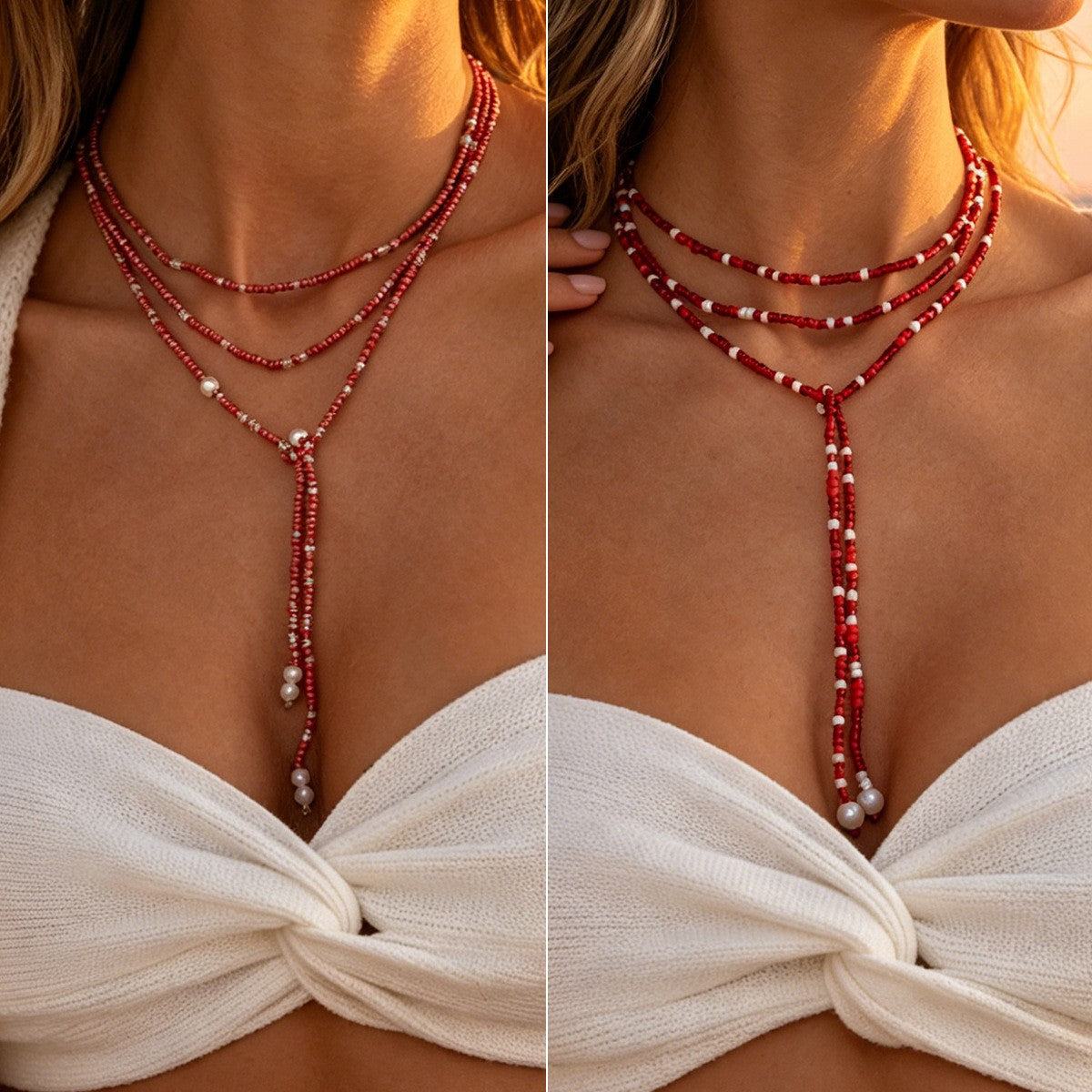 Boho Red Seed Bead Faux Pearl Y-Necklace