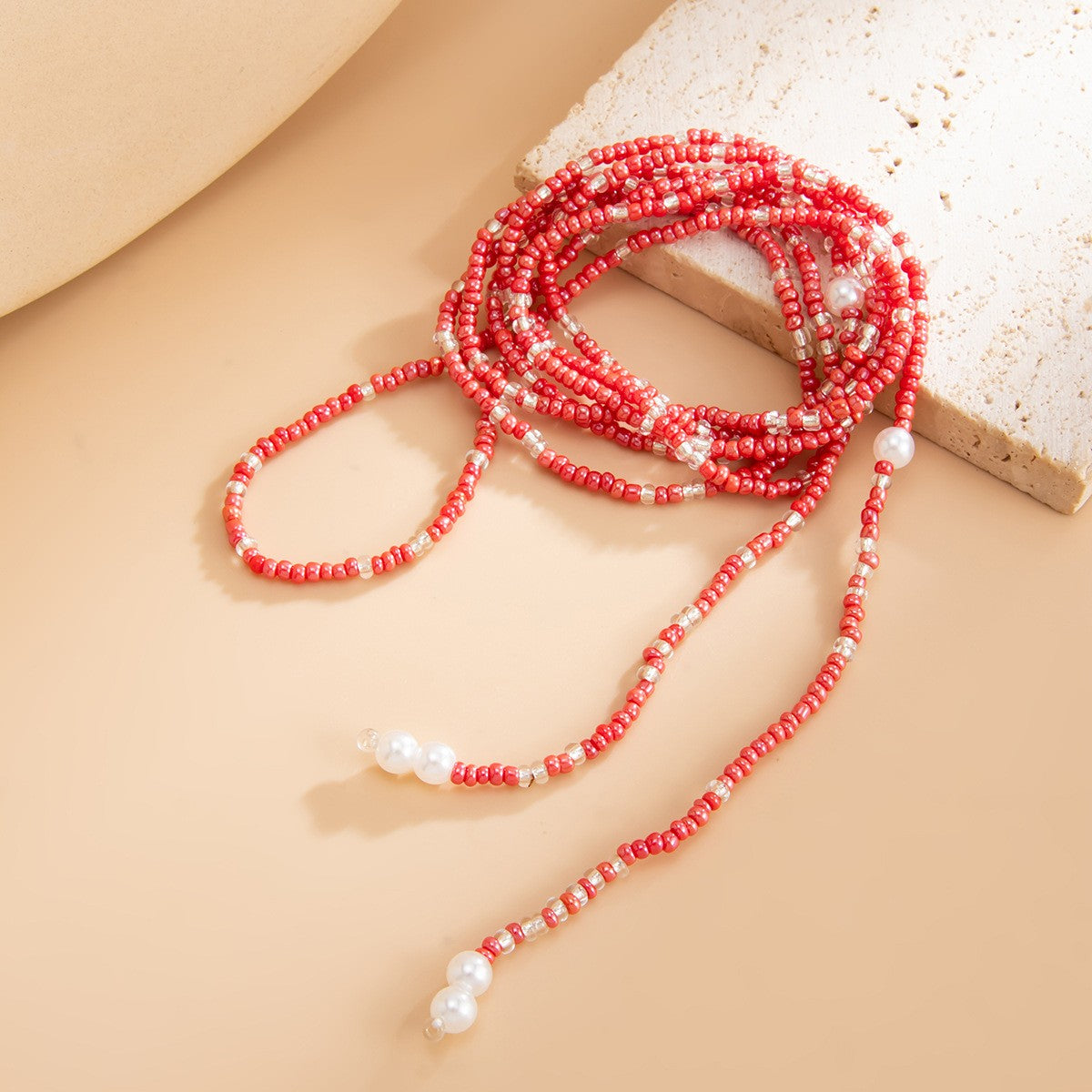 Boho Red Seed Bead Faux Pearl Y-Necklace