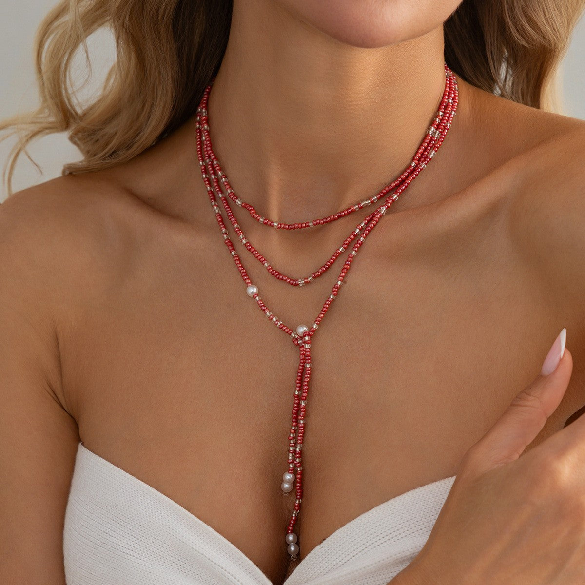 Boho Red Seed Bead Faux Pearl Y-Necklace