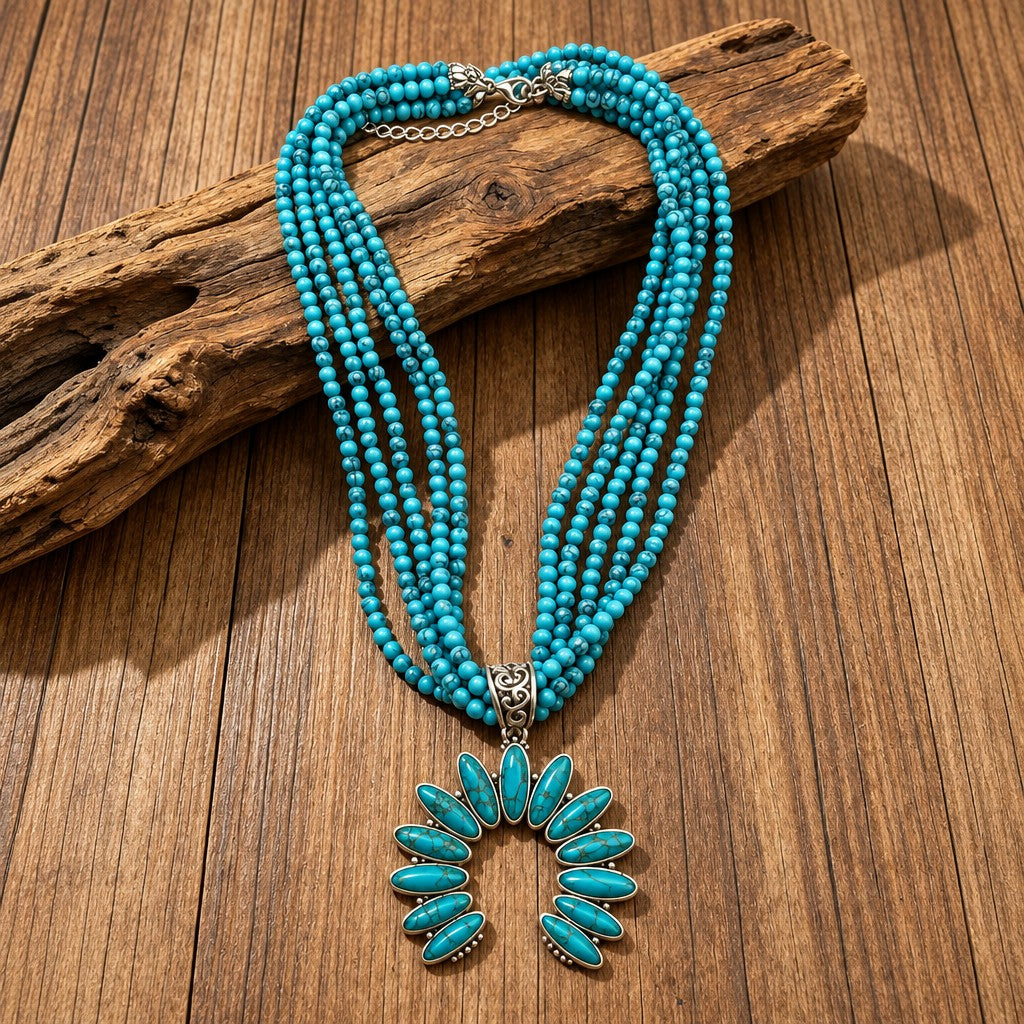 Boho Multi-Strand Turquoise Fan Necklace