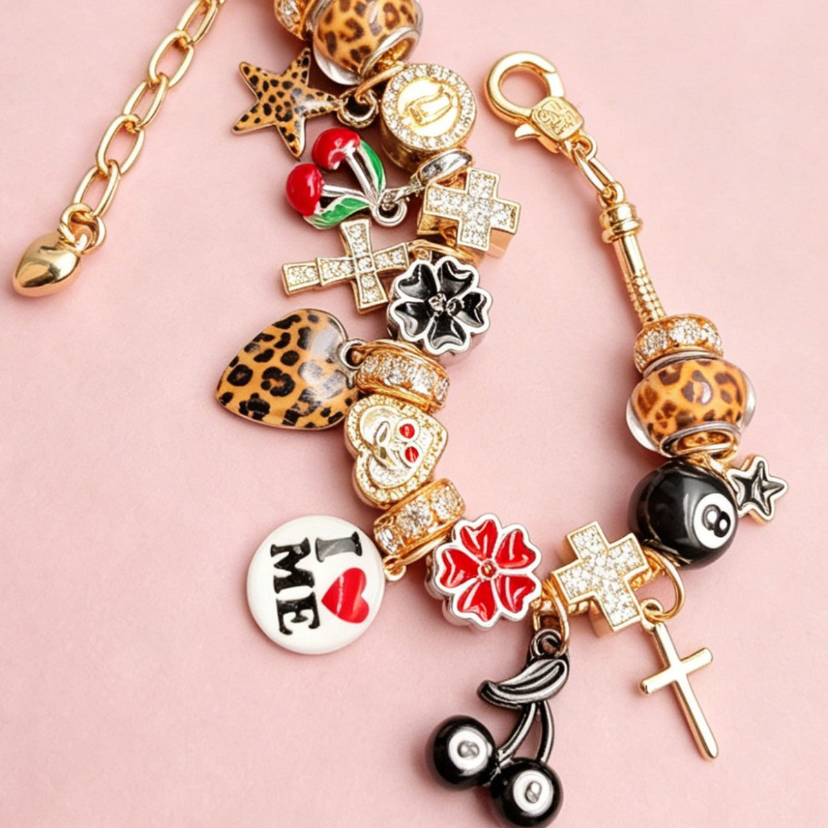 Edgy Leopard Print & 8-Ball Charm Bracelet