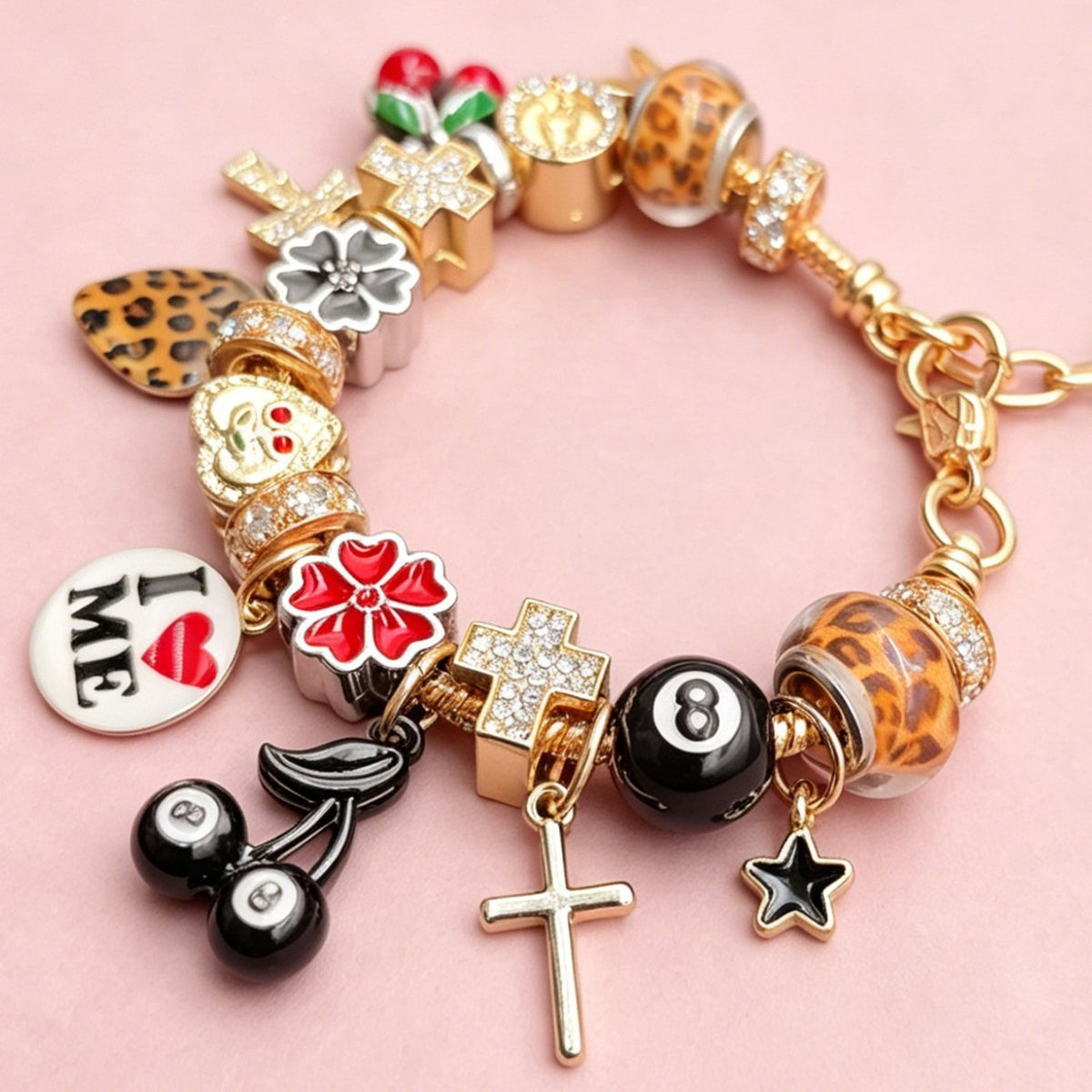 Edgy Leopard Print & 8-Ball Charm Bracelet