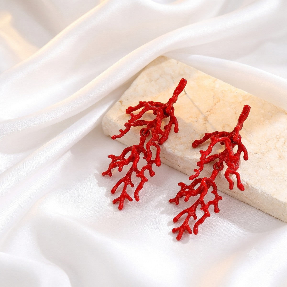 Boho Red Coral Branch Dangle Earrings