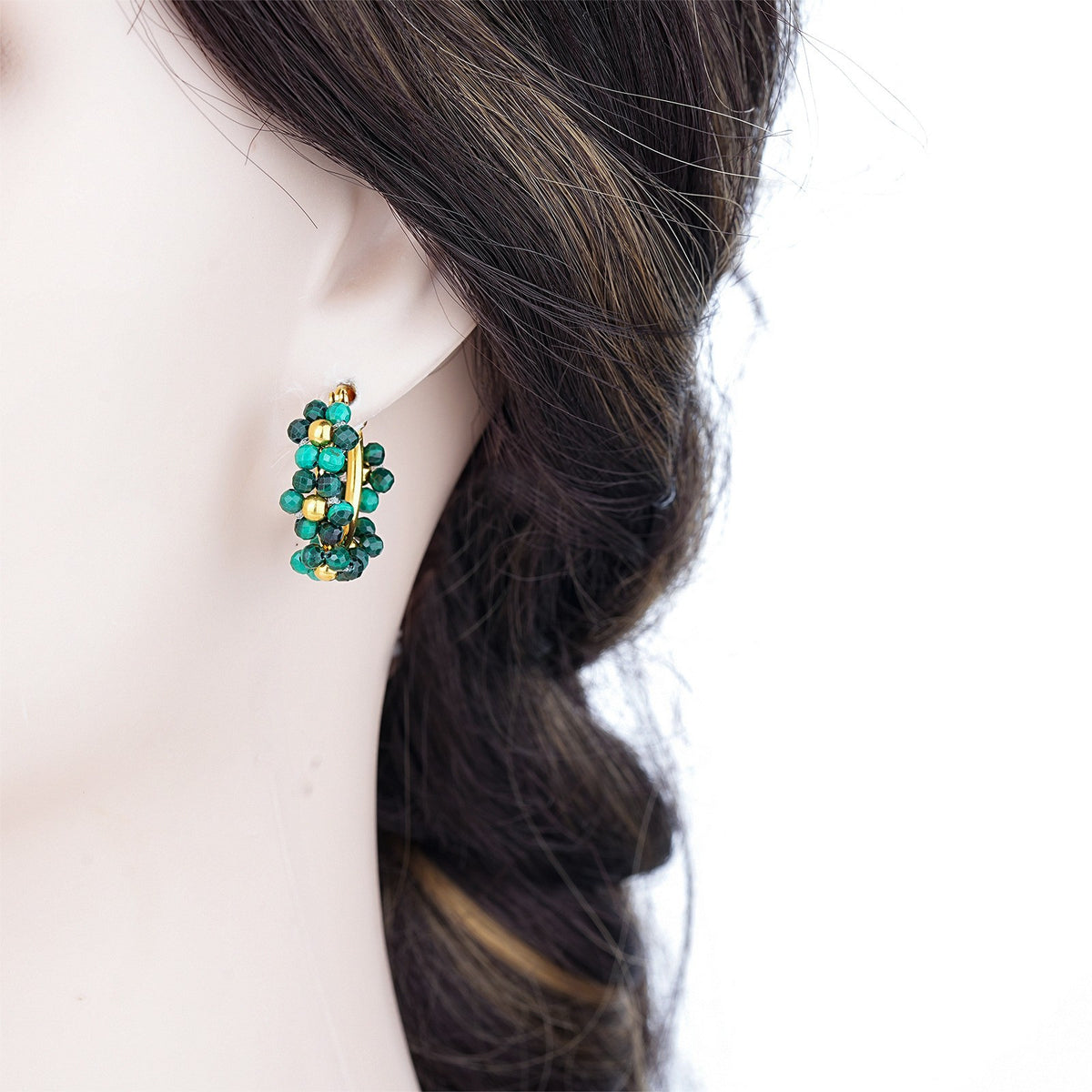 Boho Emerald Beaded Cluster Hoop Earrings