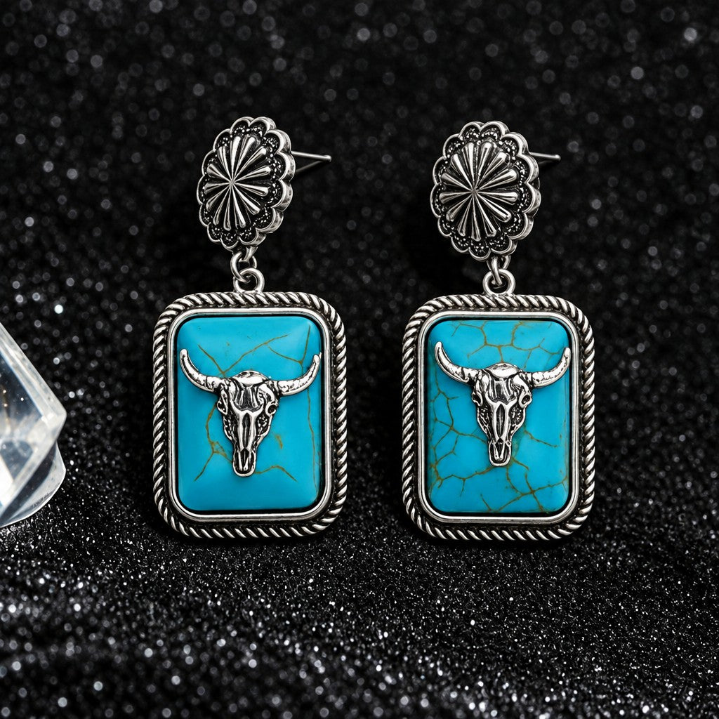 Vintage Turquoise Bull Skull Dangle Earrings