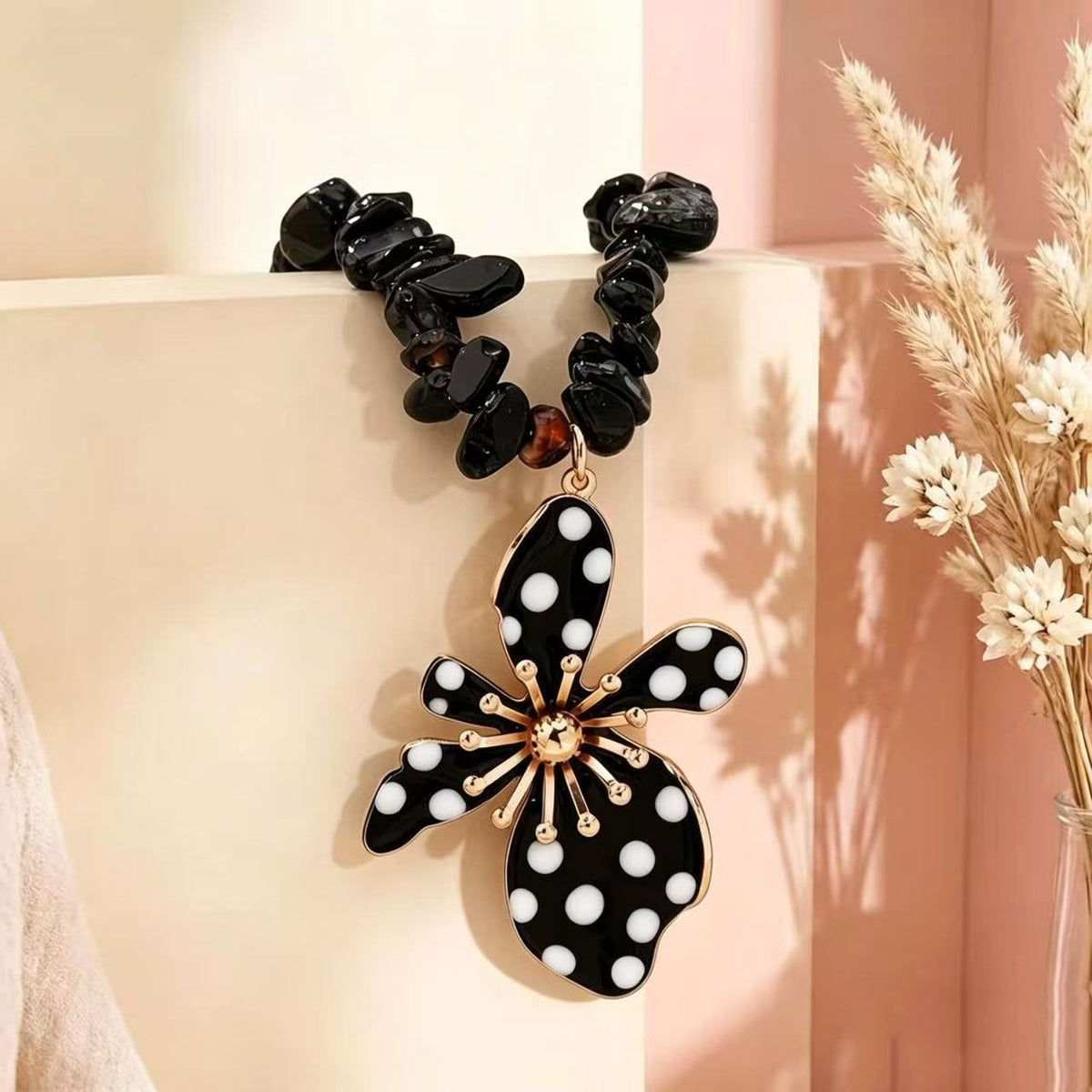 Boho Black Polka Dot Flower Necklace